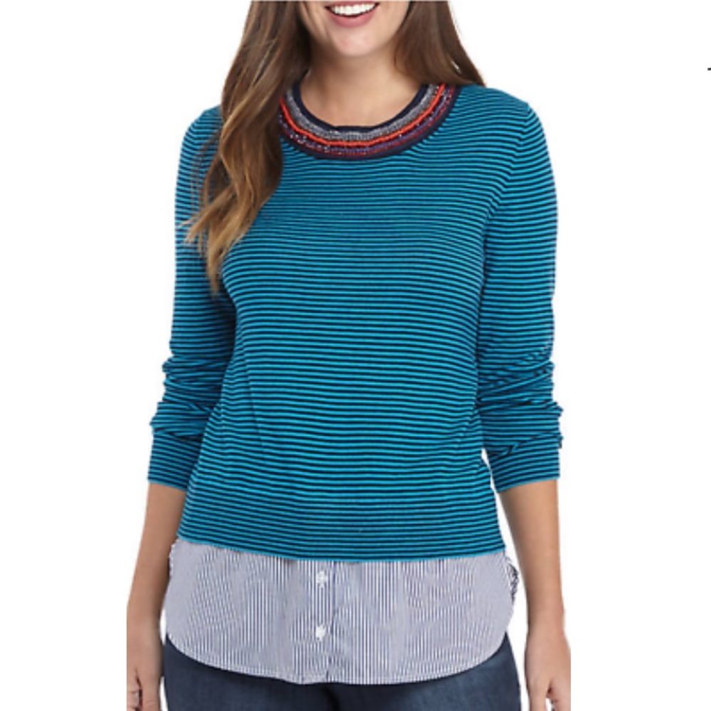 💙Lightweight Striped Faux Layered Top Beaded Crew
